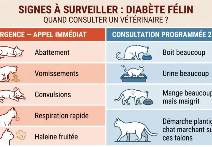 Signes de diabète félin : abattement, vomissements, convulsions, respiration rapide, haleine fruitée. Complications à surveiller.