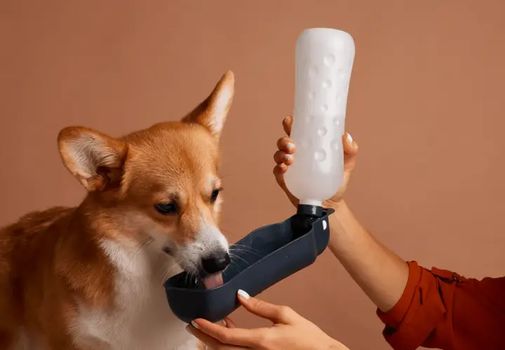 Un chien qui maigrit et boit beaucoup, un corgi, boit de l'eau d'une gamelle portable tenue par une main.