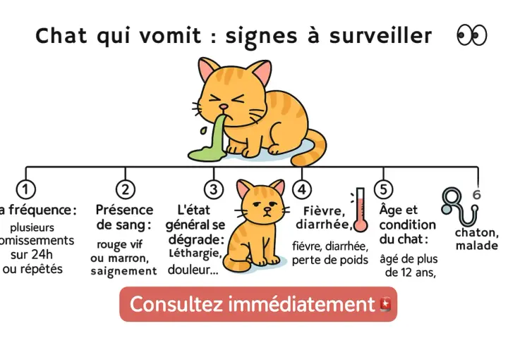 Chat qui vomit : signes à surveiller. L'image montre un chat qui vomit, avec des indicateurs sur la fréquence, la présence de sang, l'état général, la fièvre, l'âge et la condition du chat. Ce type de vomi chat peut indiquer un problème.