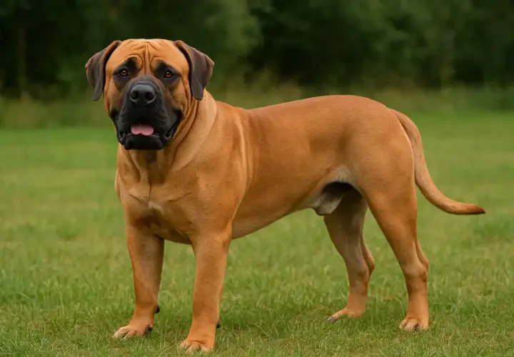 Un imposant chien sud-africain, au pelage fauve et au regard attentif, se tient fièrement sur une pelouse verdoyante.