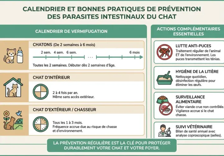 Calendrier de vers chat traitement : vermifugation des chatons, chats d'intérieur et d'extérieur. Actions complémentaires : lutte anti-puces, hygiène, surveillance alimentaire, suivi vétérinaire.
