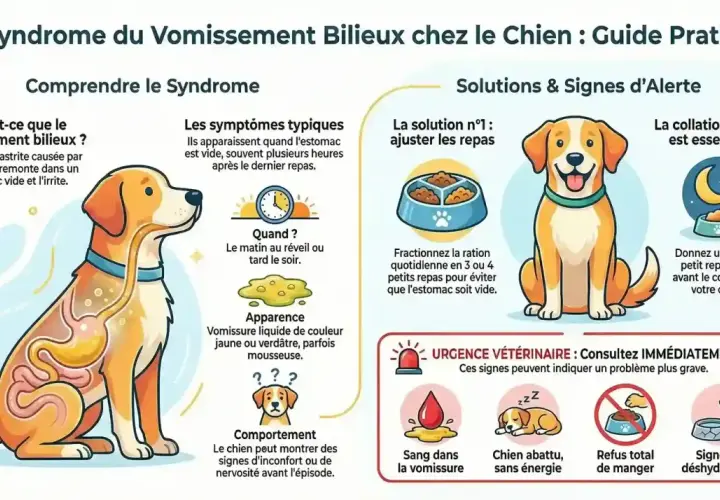 Illustration expliquant le vomissement bilieux chez le chien, une gastrite causée par la bile dans un estomac vide. Conseils pour éviter l'ulcère gastrique.