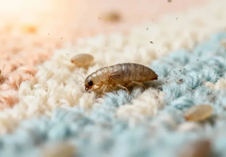 Gros plan d'une larve de puce sur un tissu texturé, entourée d'autres larves.