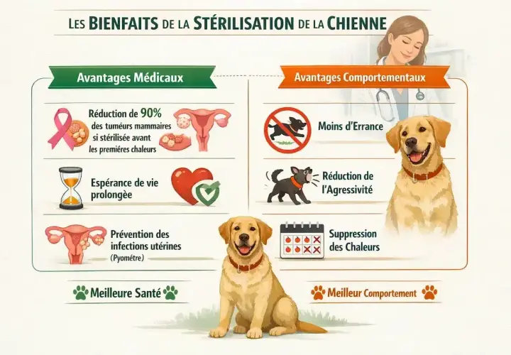 Infographie sur les bienfaits de la stérilisation d'une chienne : réduction des tumeurs, espérance de vie, prévention des infections, moins d'errance, moins d'agressivité et suppression des chaleurs.