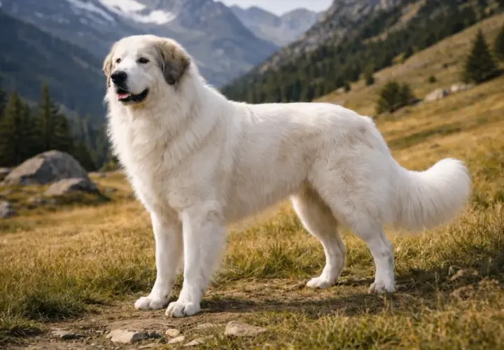 Majestueux chien blanc, gardien des montagnes des Pyrénées, se tient fièrement sur un sentier herbeux.