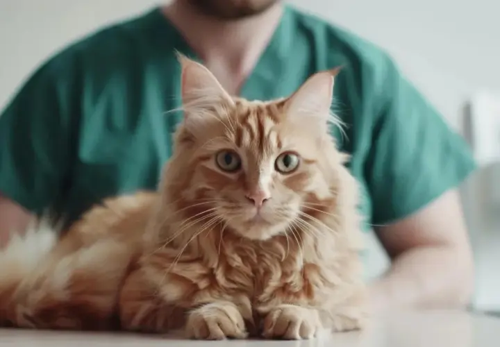 Un beau chat roux aux yeux verts, posé sur une table, avec un vétérinaire en blouse verte en arrière-plan. Une image évoquant la décision de castrer un chat.