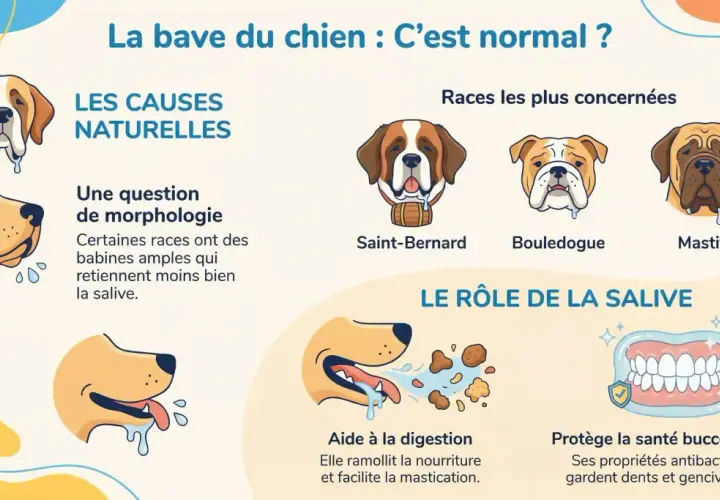Un chien qui bave, comme le Saint-Bernard, le Bouledogue ou le Mastiff, peut être normal. La morphologie de certaines races favorise ce phénomène.