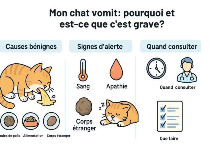 Mon chat vomit des boules de poils, mais cela peut aussi être dû à son alimentation ou à un corps étranger. L'image montre les causes et les signes d'alerte.