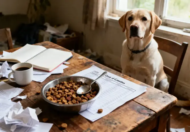 Un labrador attend patiemment à table, une gamelle de croquettes devant lui, sur un document intitulé "Quo d'Caulites", peut-être pour sa ration journalière chien.