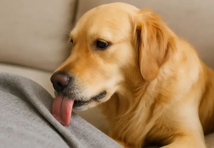 Un golden retriever, peut-être sujet à un léchage compulsif chez le chien, lèche un tissu gris.