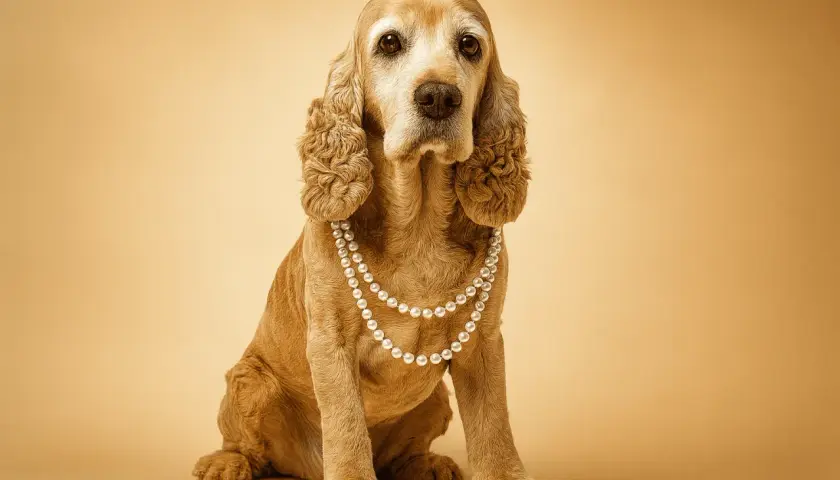 Un cocker élégant, paré de perles, semble réfléchir à la durée de vie d'un cocker.