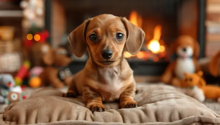 Adorable chiot teckel, la race de chien la plus petite, assis devant un feu de cheminée, entouré de jouets.