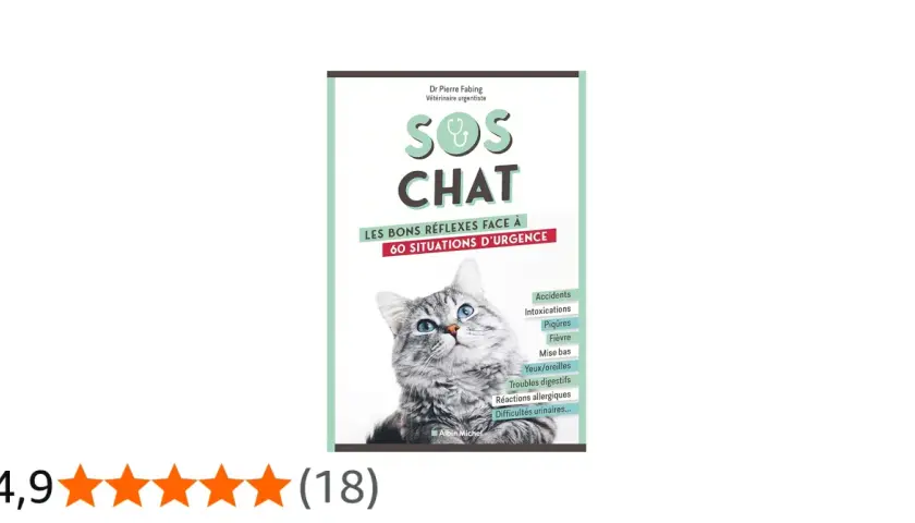 Couverture du livre "SOS Chat" par Dr Pierre Fabing. Un chat gris aux yeux bleus regarde vers le ciel. La liste des symptômes inclut "Accidents", "Intoxications", "Piqûres", "Fièvre", "Mise bas", "Yeux/oreilles", "Troubles digestifs", "Réactions allerg...