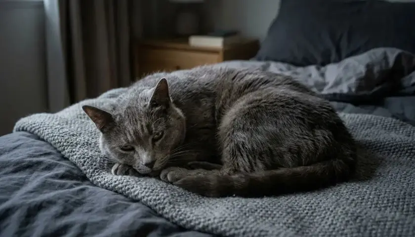 Un chat gris, peut-être de race Chartreux, dort paisiblement sur un lit. Son regard légèrement louche lui donne un air endormi et attendrissant.