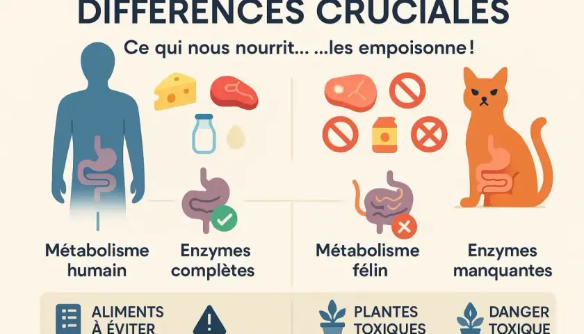 Illustration comparant le métabolisme humain et félin. Certains aliments sont bons pour nous, mais un aliment interdit chaton peut être dangereux pour les chats.