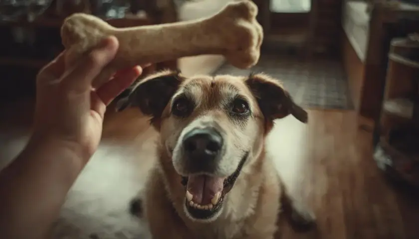 Un chien attend avec impatience un os, un jouet en forme d'agneau.
