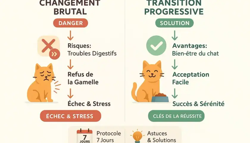Illustration comparant un changement alimentaire brutal (danger, troubles digestifs, refus) à une transition alimentaire progressive (solution, bien-être, succès) pour un chat.