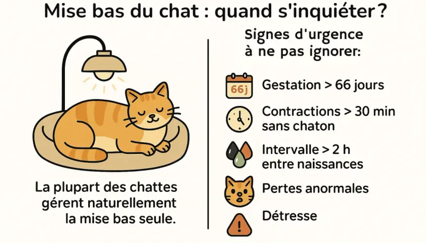 Illustration d'une chatte tigrée endormie. Le texte indique les signes d'urgence lors de la mise bas, notamment un temps de gestation chat supérieur à 66 jours.