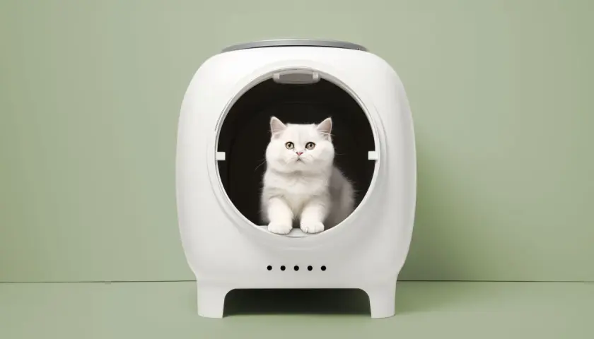 Un chat blanc aux yeux dorés est assis dans une litière futuriste. Il se demande combien de fois un chat fait pipi par jour.