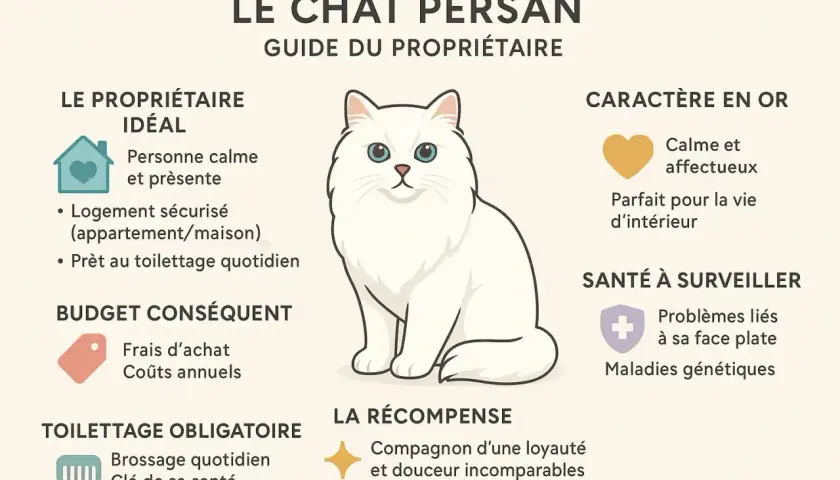 Un adorable **persan chat museau plat** blanc aux yeux bleus, entouré d'informations sur son caractère, sa santé et son entretien.