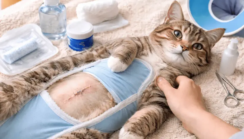 Chatte en convalescence après stérilisation, avec une cicatrice visible et un léger gonflement sous son body bleu. Matériel de soin à proximité.