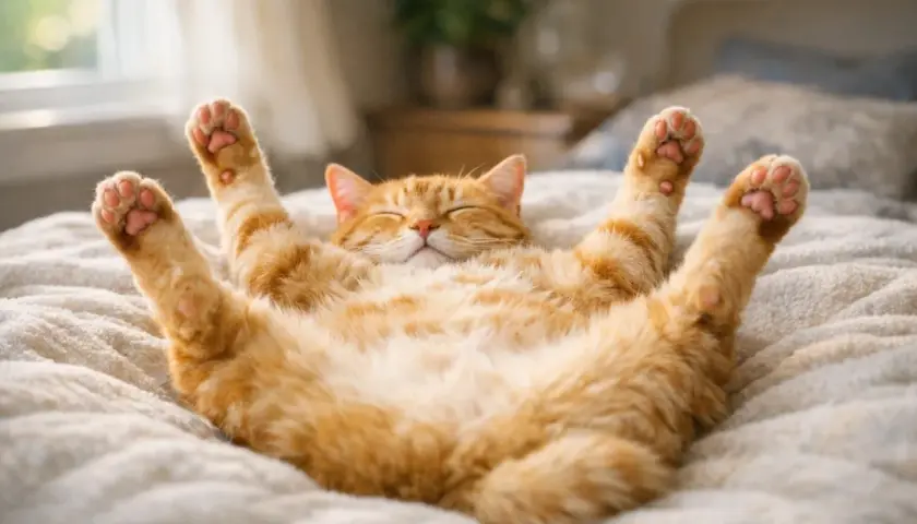 Un chat roux dort paisiblement sur le dos, les pattes en l'air, dans une pose de détente absolue.