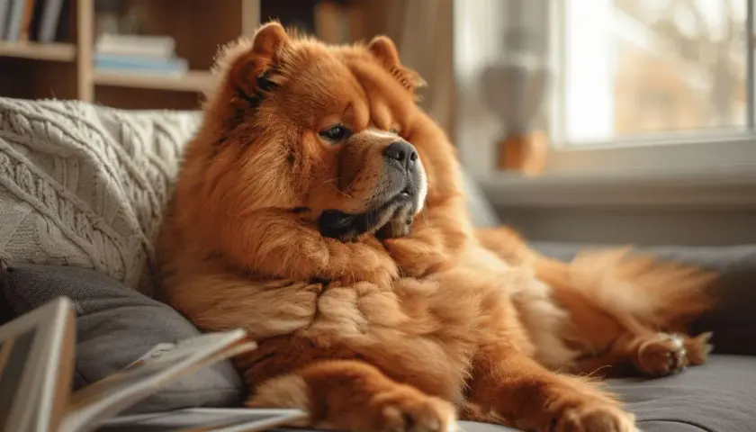 Un magnifique chow chow roux se repose sur un canapé, une couverture torsadée à ses côtés.