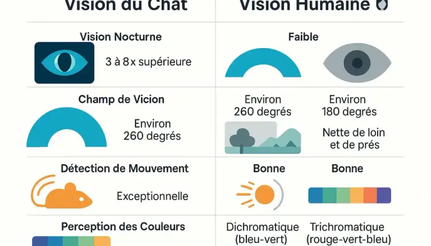 Comparaison de la vision du chat et humaine : vision nocturne, champ de vision, détection de mouvement et perception des couleurs. Les chats voient mieux la nuit et les mouvements.