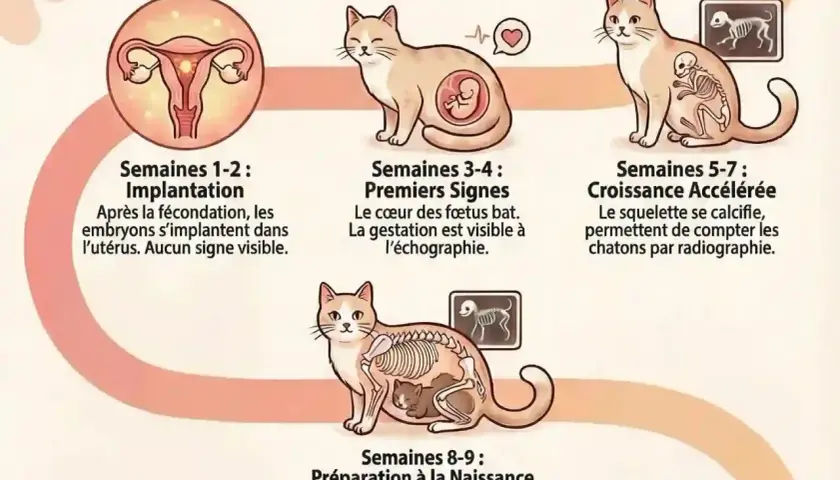 Illustration du développement de la 1ère grossesse chat, de l'implantation à la naissance.