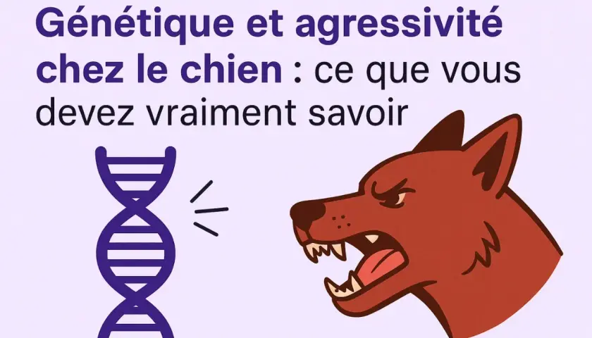 Génétique et agressivité chez le chien : une illustration montre une molécule d'ADN et un chien agressif, suggérant un lien entre les deux.