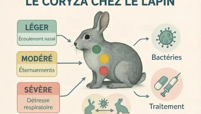 Un lapin souffrant de coryza, avec des symptômes allant de l'écoulement nasal à la détresse respiratoire. Le lapin peut avoir une respiration bruyante. Les bactéries et le traitement sont indiqués.