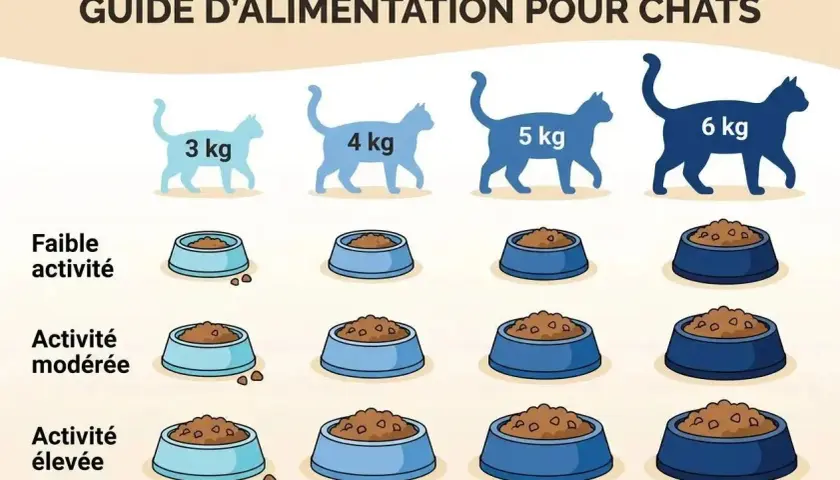 Guide d'alimentation pour chats : le nombre de repas par jour dépend du poids et de l'activité. Un chat de 3 kg peu actif mange moins qu'un chat de 6 kg très actif.