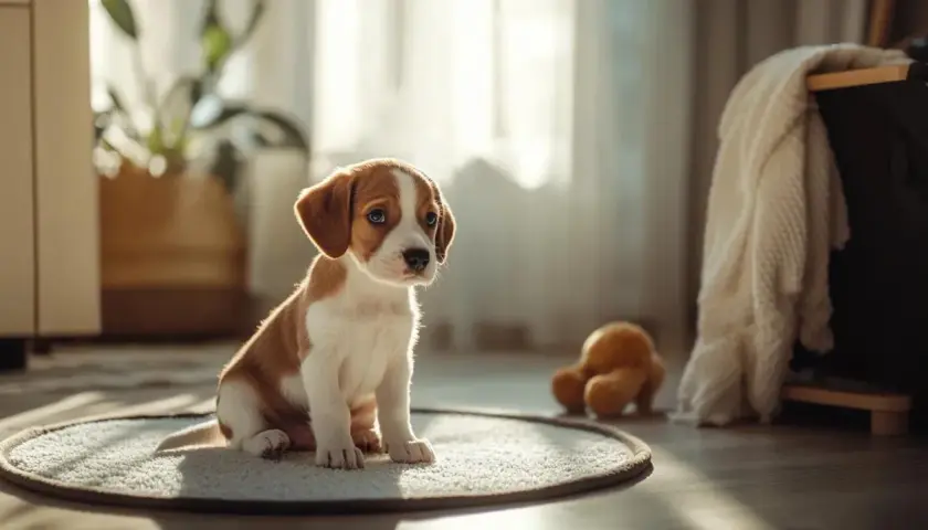 Un adorable chiot brun et blanc assis sur un tapis, attendant patiemment. Il est temps de savoir à quel âge un chiot est propre.