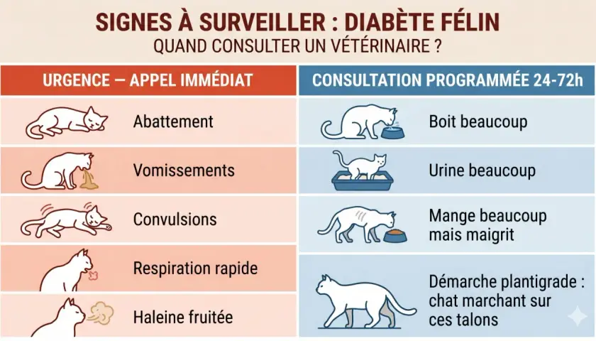 Signes de diabète félin : abattement, vomissements, convulsions, respiration rapide, haleine fruitée. Complications à surveiller.