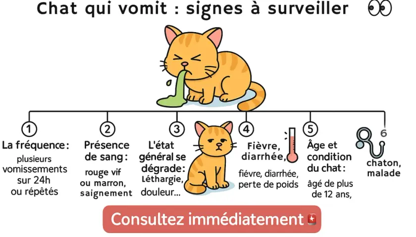 Chat qui vomit : signes à surveiller. L'image montre un chat qui vomit, avec des indicateurs sur la fréquence, la présence de sang, l'état général, la fièvre, l'âge et la condition du chat. Ce type de vomi chat peut indiquer un problème.