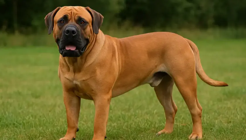 Un imposant chien sud-africain, au pelage fauve et au regard attentif, se tient fièrement sur une pelouse verdoyante.