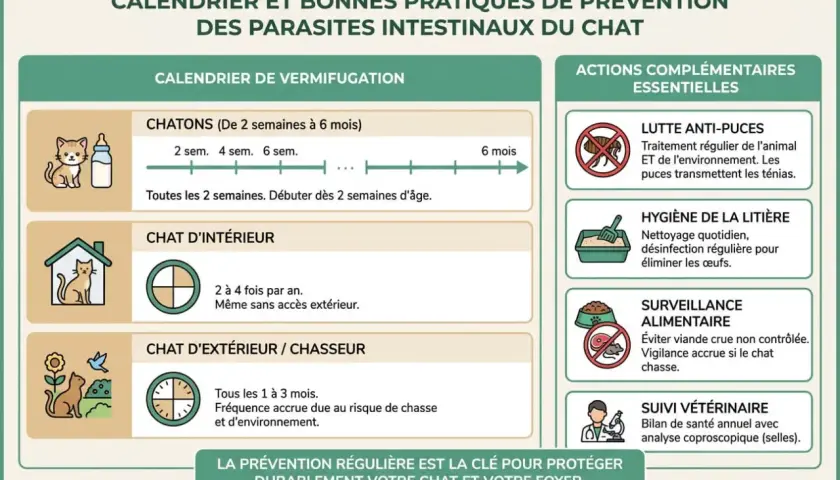 Calendrier de vers chat traitement : vermifugation des chatons, chats d'intérieur et d'extérieur. Actions complémentaires : lutte anti-puces, hygiène, surveillance alimentaire, suivi vétérinaire.