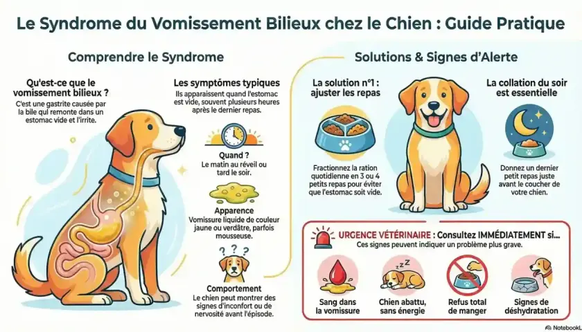 Illustration expliquant le vomissement bilieux chez le chien, une gastrite causée par la bile dans un estomac vide. Conseils pour éviter l'ulcère gastrique.