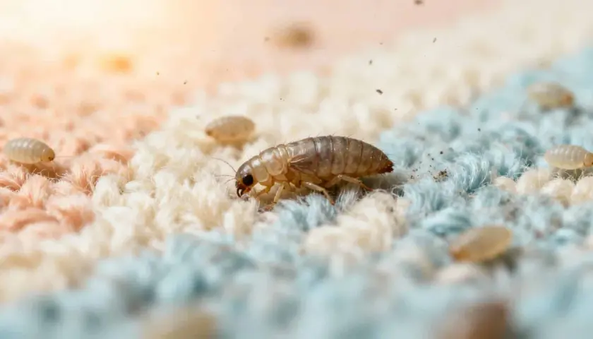 Gros plan d'une larve de puce sur un tissu texturé, entourée d'autres larves.
