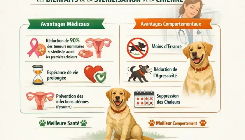 Infographie sur les bienfaits de la stérilisation d'une chienne : réduction des tumeurs, espérance de vie, prévention des infections, moins d'errance, moins d'agressivité et suppression des chaleurs.
