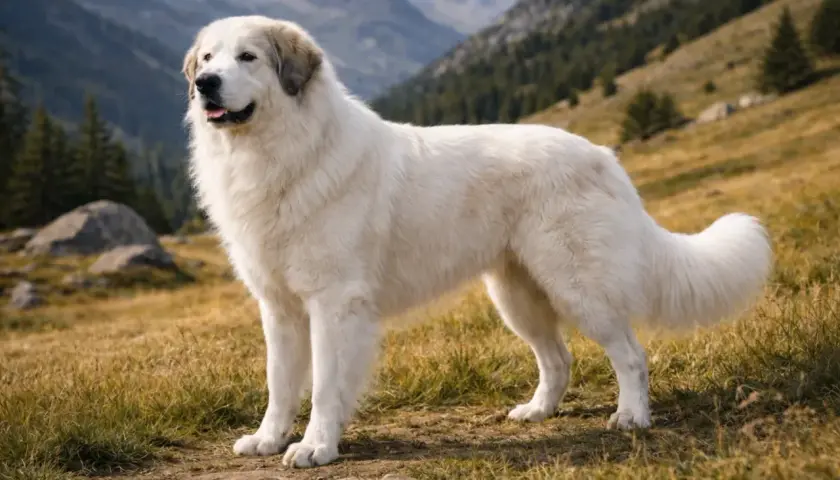 Majestueux chien blanc, gardien des montagnes des Pyrénées, se tient fièrement sur un sentier herbeux.