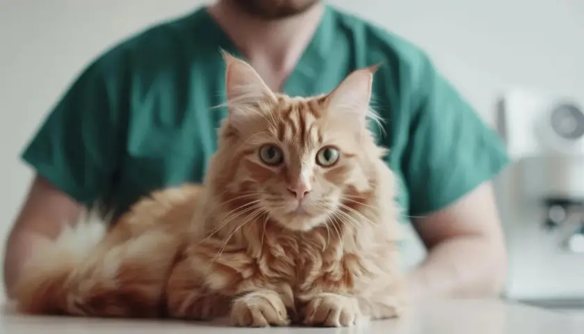 Un beau chat roux aux yeux verts, posé sur une table, avec un vétérinaire en blouse verte en arrière-plan. Une image évoquant la décision de castrer un chat.