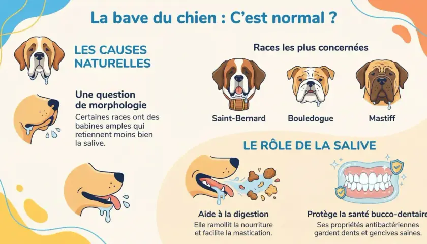Un chien qui bave, comme le Saint-Bernard, le Bouledogue ou le Mastiff, peut être normal. La morphologie de certaines races favorise ce phénomène.
