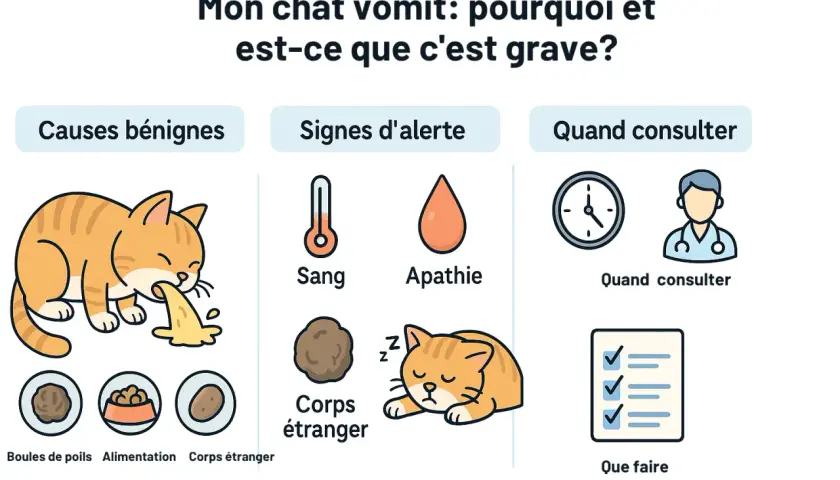 Mon chat vomit des boules de poils, mais cela peut aussi être dû à son alimentation ou à un corps étranger. L'image montre les causes et les signes d'alerte.