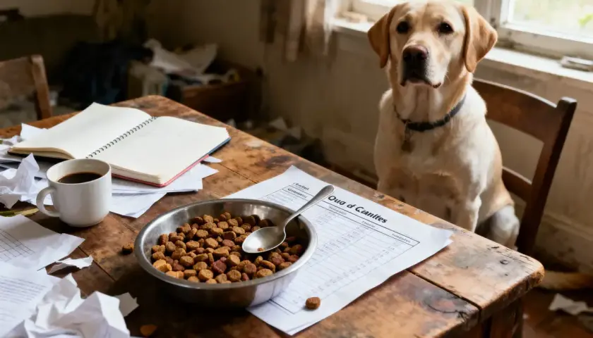Un labrador attend patiemment à table, une gamelle de croquettes devant lui, sur un document intitulé "Quo d'Caulites", peut-être pour sa ration journalière chien.