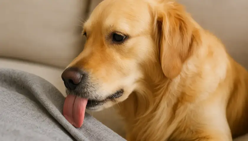 Un golden retriever, peut-être sujet à un léchage compulsif chez le chien, lèche un tissu gris.