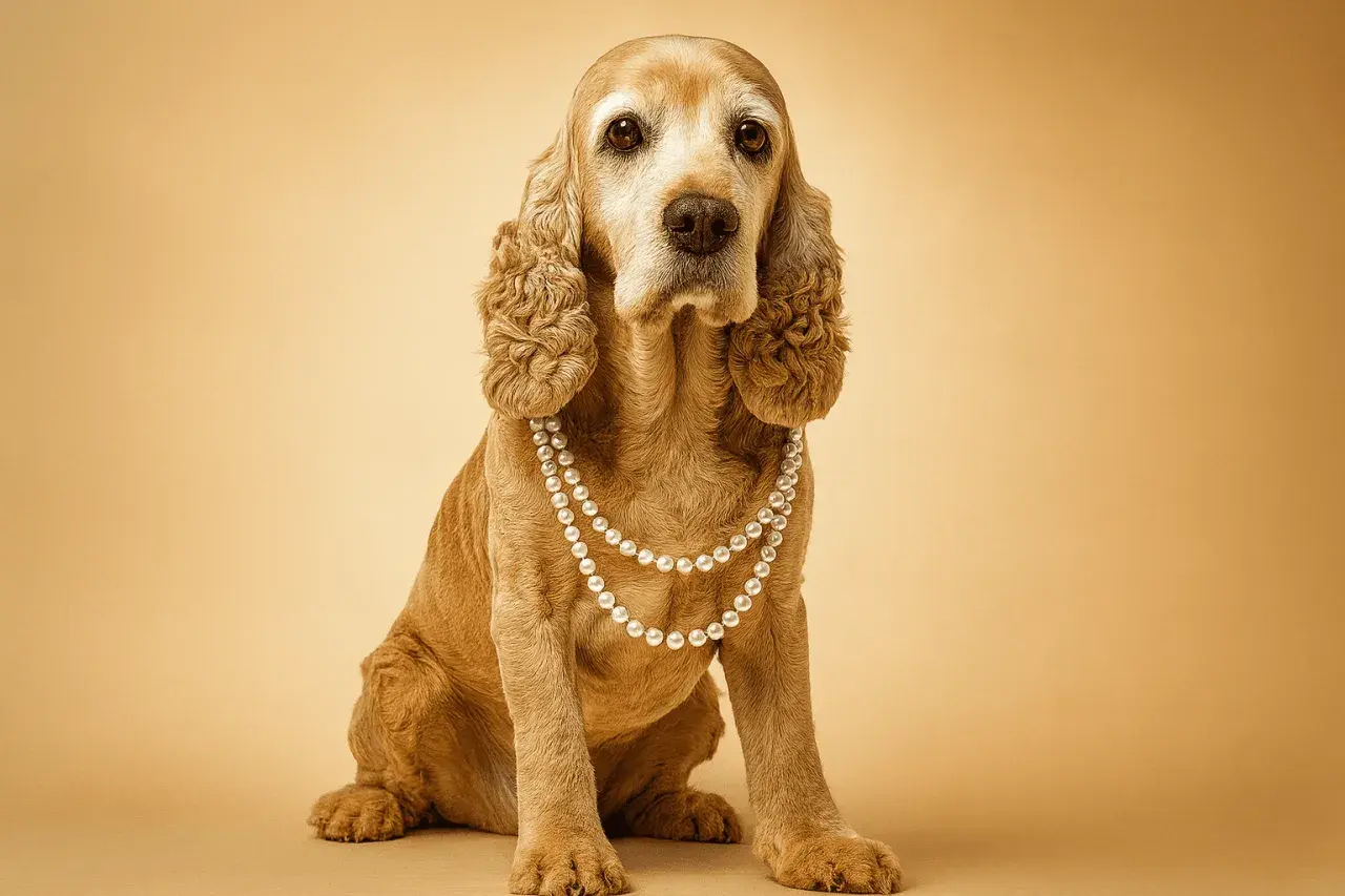 Un cocker élégant, paré de perles, semble réfléchir à la durée de vie d'un cocker.