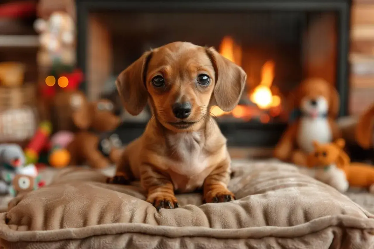 Adorable chiot teckel, la race de chien la plus petite, assis devant un feu de cheminée, entouré de jouets.