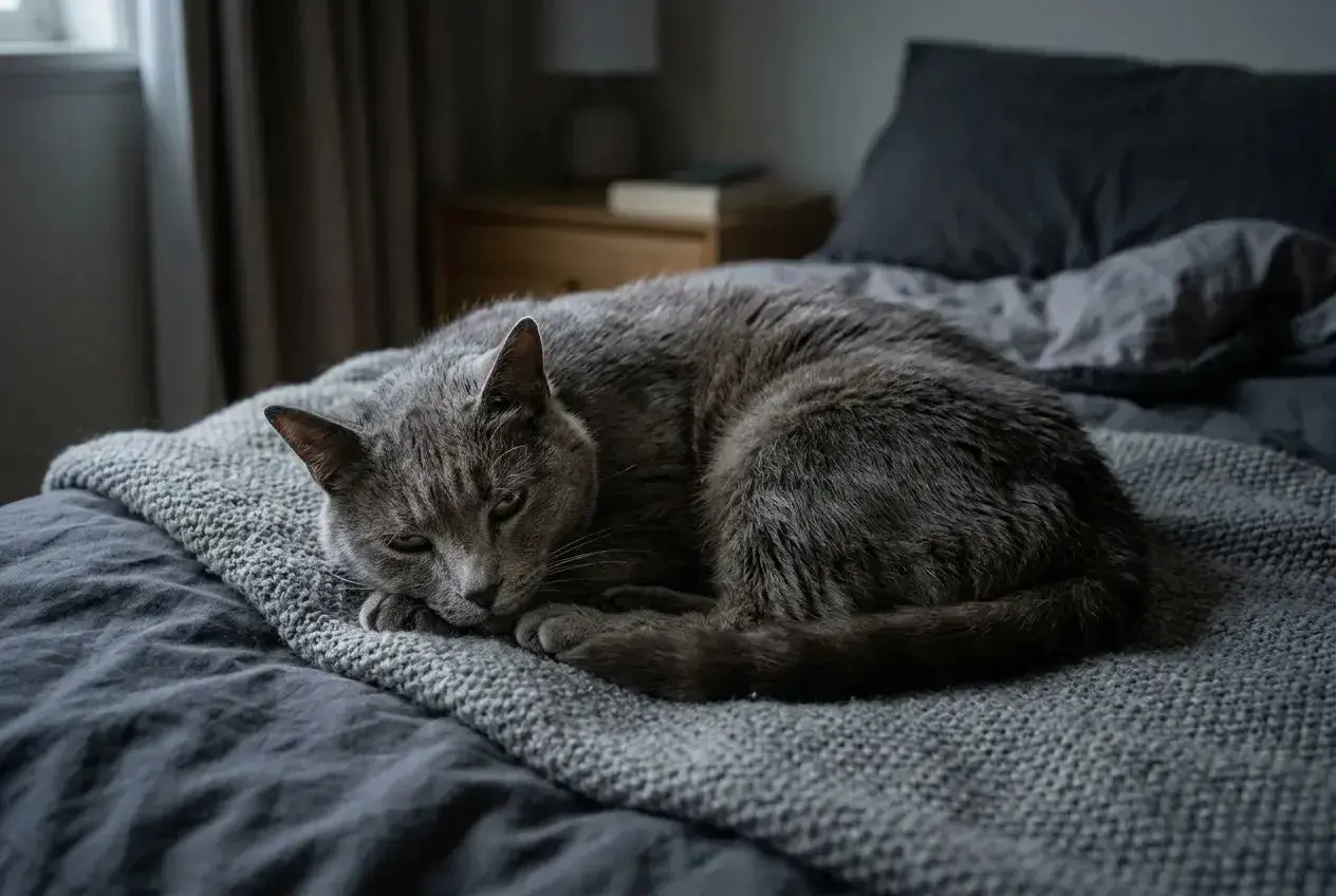 Un chat gris, peut-être de race Chartreux, dort paisiblement sur un lit. Son regard légèrement louche lui donne un air endormi et attendrissant.