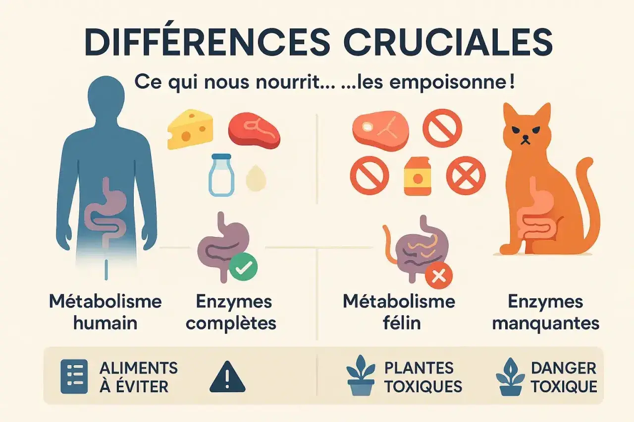 Illustration comparant le métabolisme humain et félin. Certains aliments sont bons pour nous, mais un aliment interdit chaton peut être dangereux pour les chats.